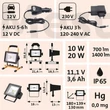 Hordozható LED lámpa (reflektor), 10/20W; 1400 Lm, IP65, Li-ion akkus, 4400 mAh, tölthető: 230V és 12V is, 1,5kg