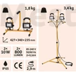 hordozható LED lámpa, 2×10 W, reflektor; 2×800 Lm, IP65, teleszkópos állvánnyal, 230V/50Hz, 2,9 m kábel