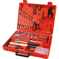 szerszám és dugókulcs klt.,73db; 1/4", és 1/2" racs.kar (72 fog), 4-32mm,16+21mm gyertyakulcs, cs.-vill. kulcsok 10-19mm