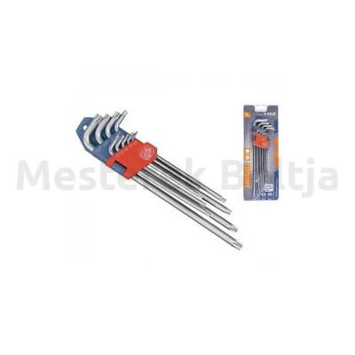 Torx kulcs klt. 9db, extra hosszú; T10-T50, hosszú szár: tömör, rövid szár: lyukas, CV., 90-225mm